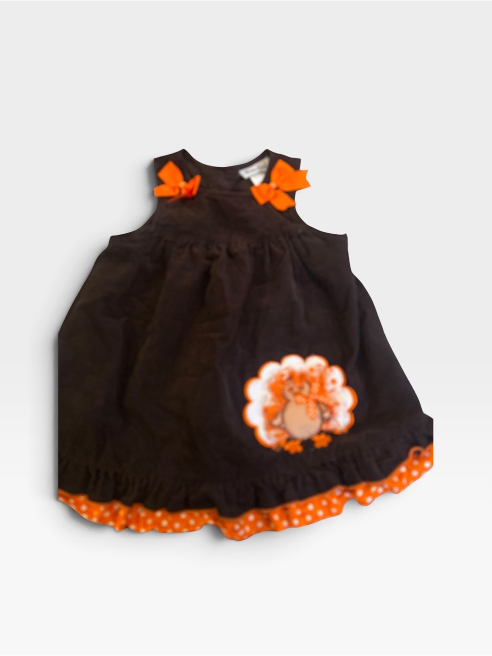 Vtg Rare Too! Girls 3T Thanksgiving Turkey Corduroy Dress Brown Orange Polka Dot